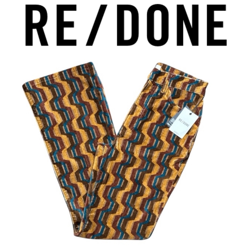 RE/DONE 70s BROWN AND TURQUOISE VELVET BOOTCUT RETRO WAVY STRIPE PANTS **NWT**